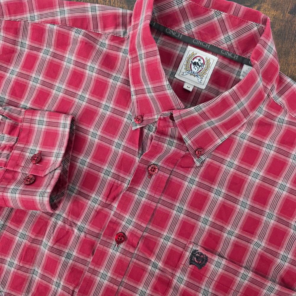 Cinch Plaid Button Down‎ Long Sleeve Shirt Western Rodeo Cowboy Red Mens M